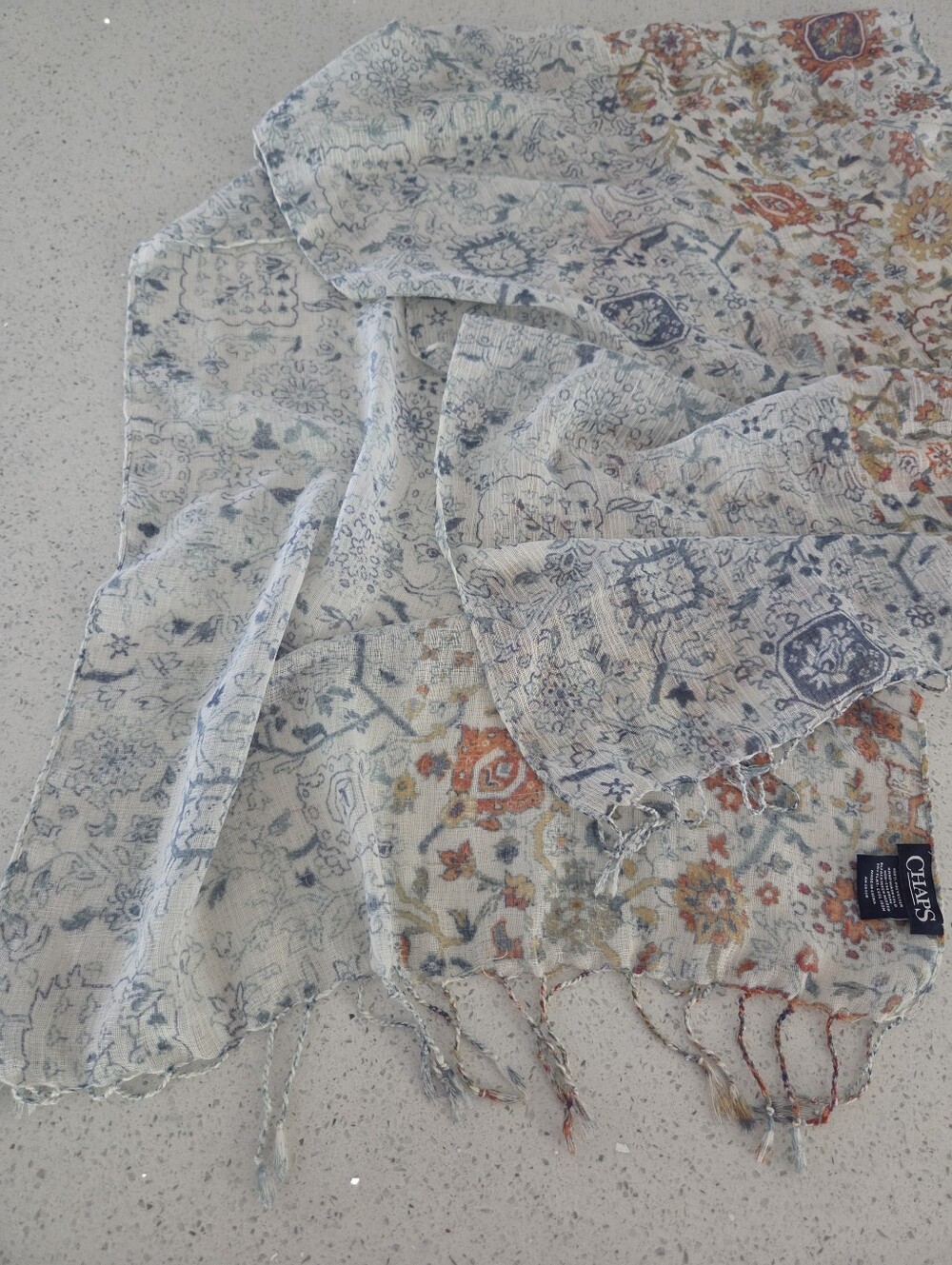Chaps Woven Fringe Scarf - Cream with Blue & Orange Boho Vibe - Picture 8 of 10